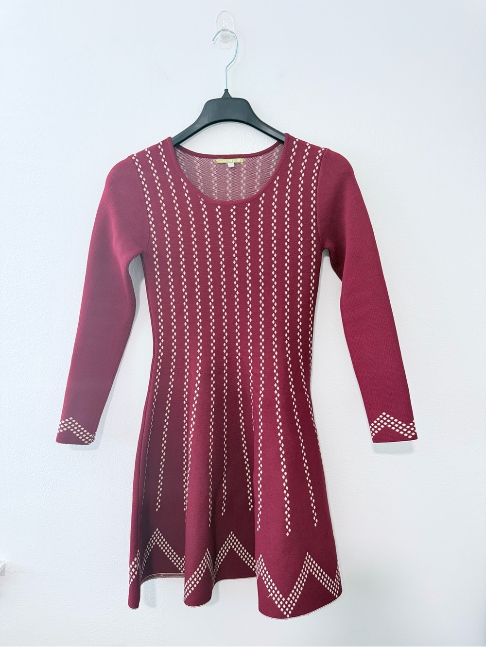 Gianni Bini Kortni Sweater Dress S Burgundy Cream Fit Flare Long Sleeve